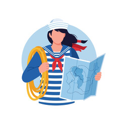 Woman in Sailor Outfit Holding Map and Rope on Blue Background