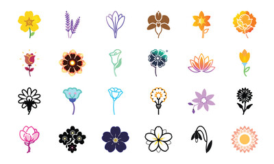 Diverse Collection of Colorful and Stylized Flower Icons and Silhouettes for Design, Nature, and Botanical Themes