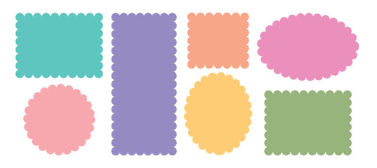 Set of frames with zigzag edge, scallop edge shape. Isolated elements for design of text box, badge, banner. Geometric shapes with scallop and zigzag edges set.            