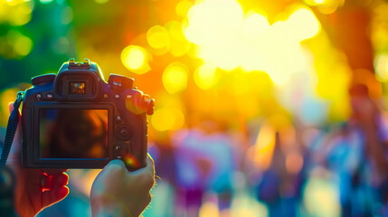 Person Holding DSLR Camera with Colorful Bokeh Background