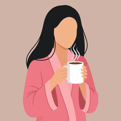 Woman Holding Steaming Coffee Mug in Pink Robe, Simple Illustration