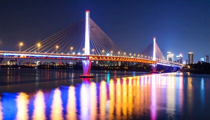 Obraz premium Illuminated bridge at night over water (1)