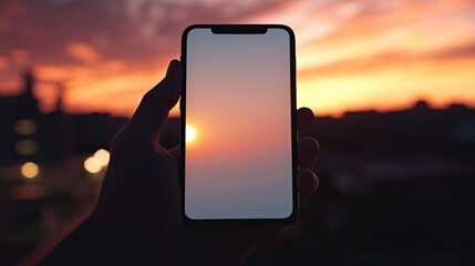 Hand holding a smartphone displaying a sunset.