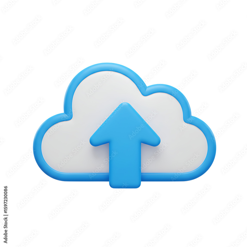 Poster 3d blue and white cloud icon with upward arrow symbolizing data upload and cloud storage isolated on