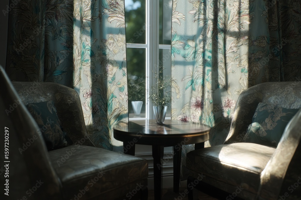 Poster two armchairs flanking a round table with a vase near a window with floral patterned curtains