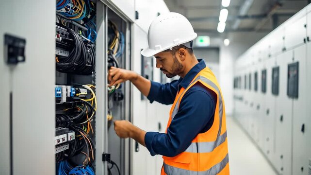Focused Technician in Hard Hat Meticulously Services a Complex Server Rack in a Data Center.