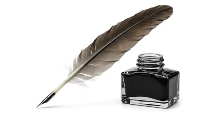 Image shows a feather quill resting near a square glass inkwell filled with dark ink on a white background