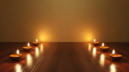 Warm glowing oil lamps arranged in a symmetrical path on a polished wooden surface creating a serene atmosphere
