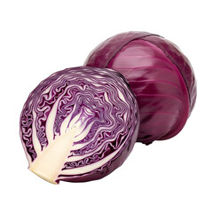Fototapeta premium Vibrant red cabbage, one halved to reveal intricate layers, showcases fresh produce for culinary projects and healthy eating concepts.