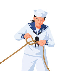 Person in Sailor Uniform Tying Rope Knot with Focused Expression