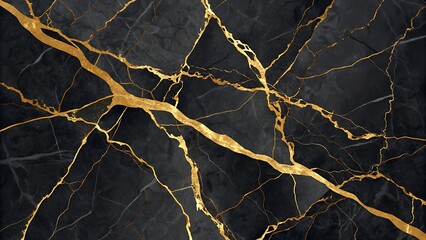 Abstract black marble with bold golden veins in Kintsugi style, perfect for luxury backgrounds, decor, and branding.
