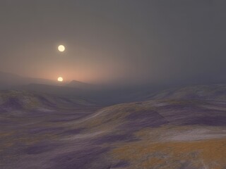 Alien landscape with twin suns extraterrestrial desert