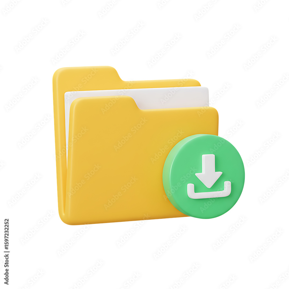 Fototapete 3d yellow folder icon with a green download button featuring a white arrow pointing down isolated on