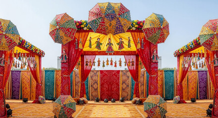 Obraz premium Vibrant Indian Festival Entrance: Traditional Decor with Colorful Umbrellas and Fabrics