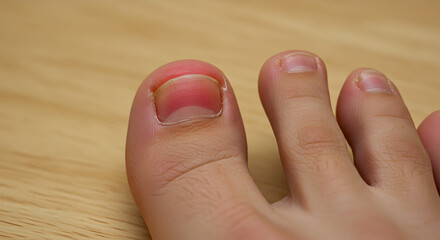 Naklejka premium Close Up of Ingrown Toenail Condition Featuring Skin Details on Light Brown Wooden Surface