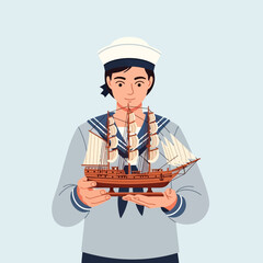 Holding Sailing Ship Model Young Person Wearing Sailor Costume