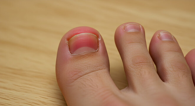 Close Up of Ingrown Toenail Condition Featuring Skin Details on Light Brown Wooden Surface