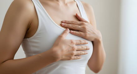 Close Up Of Woman In White Tank Top Gently Touching Chest For Self Exam And Healthcare Awareness
