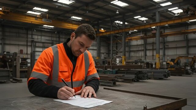 A worker signs documents in a large industrial warehouse