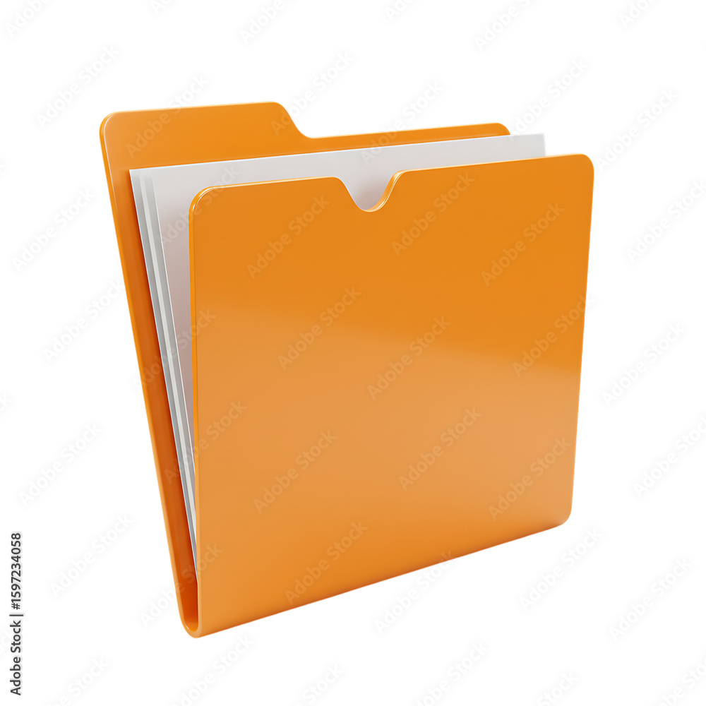 Poster orange folder with documents and papers inside isolated on transparent background