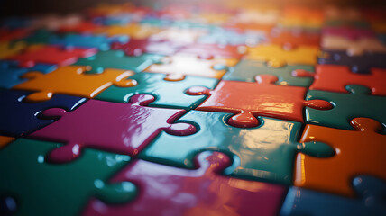 Close up of colorful glossy puzzle pieces jigsaw puzzle