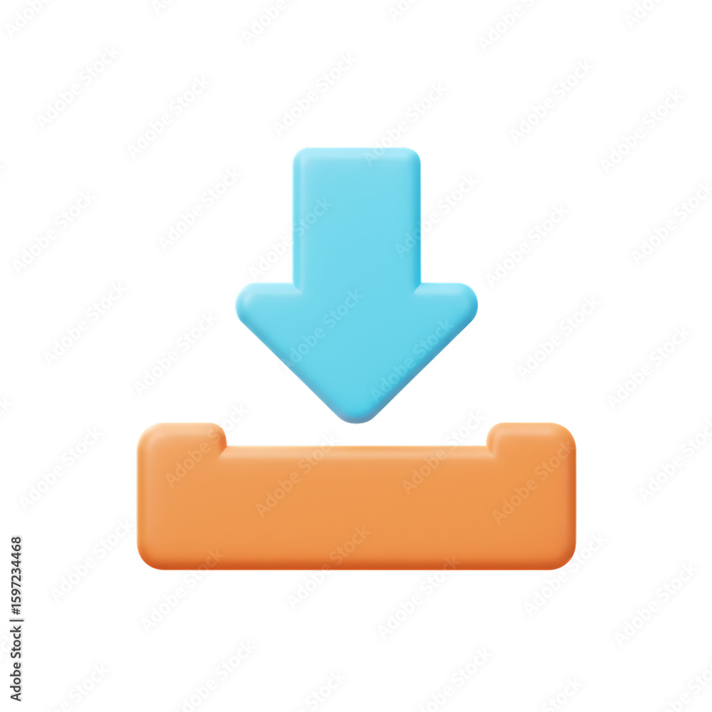 Poster 3d rendered blue down arrow pointing to an orange download button isolated on transparent background