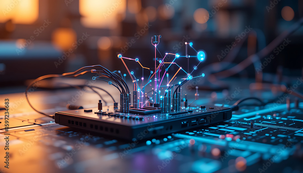 Poster close-up of a circuit board with glowing data pathways, showcasing digital connections.