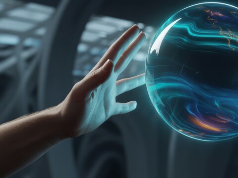 Human hand touching glowing orb futuristic technology