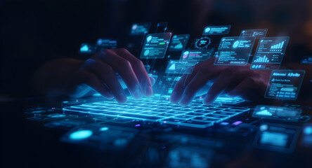 Futuristic keyboard with data visualizations