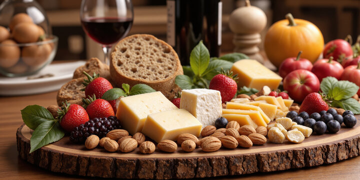 Gourmet food platter artfully arranged with an assortment of cheeses, fruits, nuts, and artisan bread on a rustic board, detailed textures enhanced