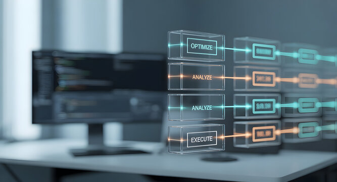 Glowing boxes displaying optimization workflow - Powered by Adobe