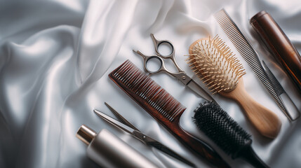 Hairdressing tools on a white satin fabric background in a studio setting