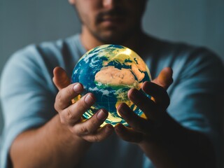Man holding glowing earth globe hands
