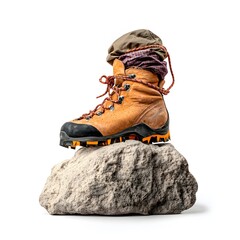 Rugged Hiking Boot on Stone with Vibrant Colors Against White Background