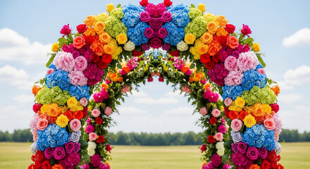 Vibrant Rainbow Floral Archway Adorned with Colorful Blooms Under a Bright Sky