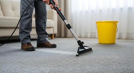 Man Operates Carpet Cleaning Machine on Gray Carpet with Yellow Bucket in Brightly Lit Room