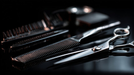 Close up of barber tools including comb and scissors on a dark surface