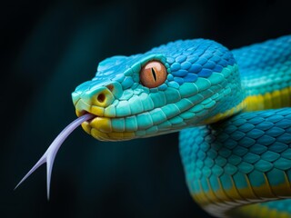 Vibrant blue pit viper with orange eye snake reptile