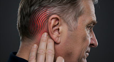 Fototapeta premium Mature Man Holds Ear with Red Color Pain Effect Against Dark Grey Background