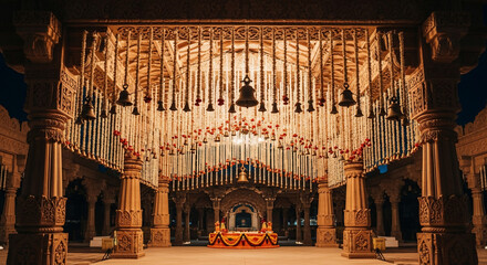 Grand Indian Temple Interior Adorned with Bells and Marigold Garlands