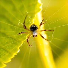 Obraz premium Macro Photo of a Spider on Web with Leaf Background - Close-up of Tiny Arachnid in Nature