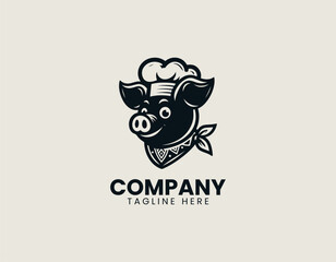 Friendly Piggy Cook Hat Culinary Food Service Emblem Vector Logo