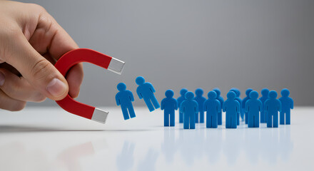 Red Magnet Attracting Blue Human Figures on White Surface Symbolizing Talent Acquisition And Human Resources in a Studio Setting