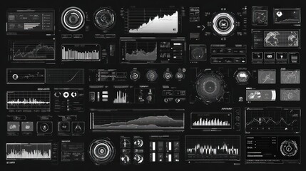Fototapeta premium Digital Interface of Data: A sophisticated user interface, presented in a monochrome palette, filled with intricate diagrams and flowing data streams. It's a visual symphony of information.