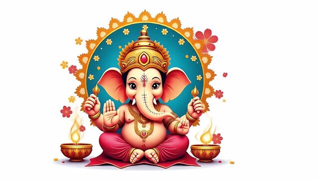Colorful vector illustration of Lord Ganesha with festive elements in a modern flat art style.

