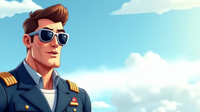 Illustrative mock up logo design of a confident cartoon pilot in uniform with aviator glasses, airplane flying in background, clean sky-blue color tones. No text.

