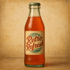 A vintage glass bottle of orange soda with a retro refresh label stands against a textured background