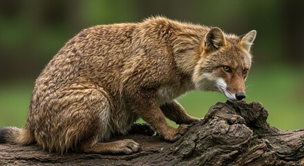 Fototapeta premium Fox sitting on tree stump in forest