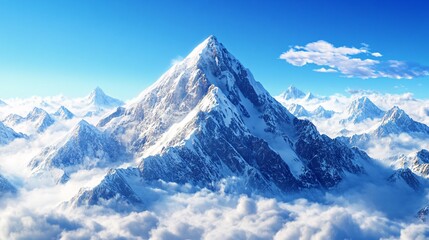 Obraz premium Snowy Mountain Peaks Rising Above the Clouds Against a Clear Blue Sky