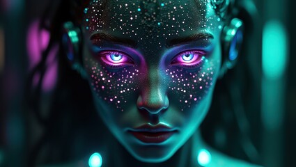 Close-up of a digital AI face with neon green and purple light accents, demonstrating the advanced neural networks and processing power in a cybernetic environment	
